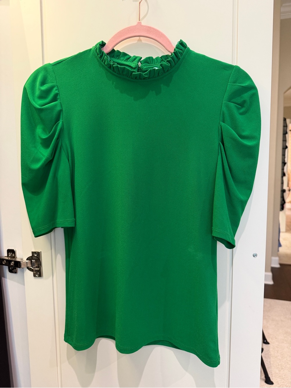 Green Ruffle-Neck Puff Sleeve Top